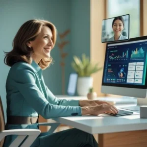 Small business owner interacting with virtual support on screen.”