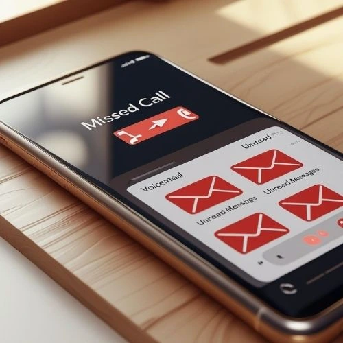 A voicemail inbox with unread messages next to a phone displaying "Missed Call".