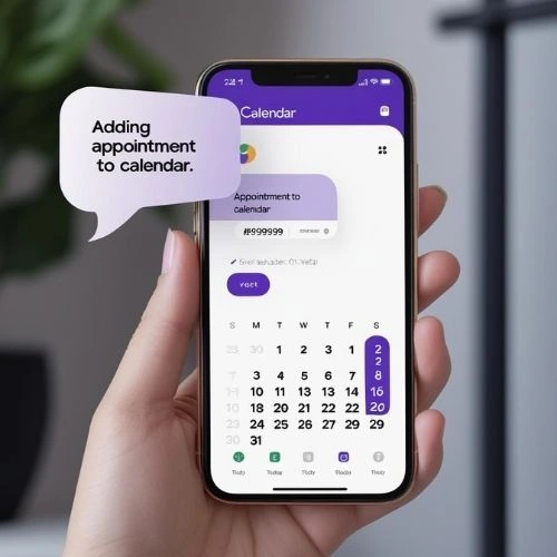 Mockup of a phone screen showing a voice interaction and a synced Google Calendar with an appointment slot added with purple shade