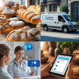 Montage-style image showing a bakery, plumbing service, and wellness clinic – with visual cues of AI interaction (e.g., chatbot, voice assistant).