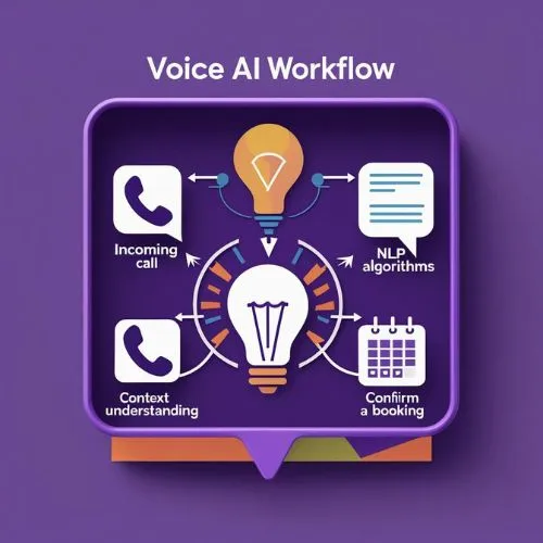 An infographic showing how a voice AI system works:
• Call comes in → NLP analysis → Context understanding → Booking confirmation.