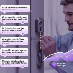 Overlay of real testimonial quotes on a blurred photo of a locksmith at work, with a chart showing increased bookings and decreased missed calls.