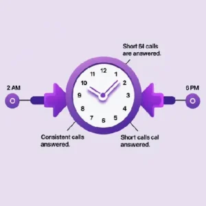 A stylised timeline or circular diagram showing a 24-hour clock, with AI icon active throughout — and short bursts showing calls being answered at 2 AM, 6 PM, and 10 AM.