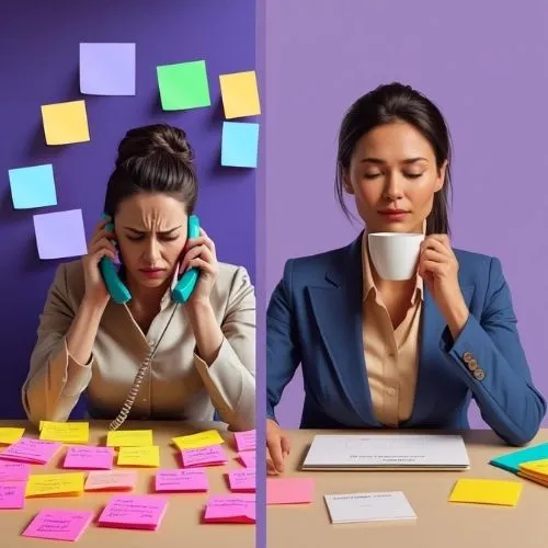 Side-by-side:
• Left: Agent stressed on phone, with sticky notes everywhere
• Right: Calm agent with coffee, watching updates come through from an AI dashboard (calendar syncing, messages sent)