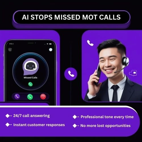 Split-screen showing a missed call notification on one side and an AI assistant answering calls on the other, with a happy customer on the phone.