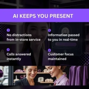 Boutique owner smiling while AI assistant on screen shows 'Call Handled' status.