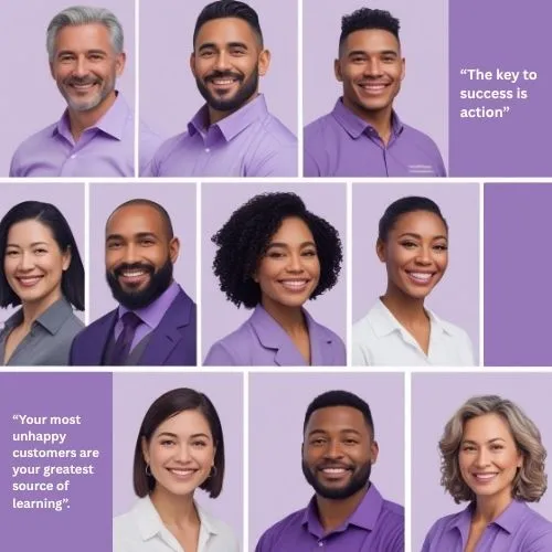 Portrait collage of diverse business owners with testimonials overlaid on a soft background, highlighting user trust and satisfaction.