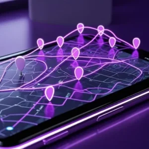 A digital route map or GPS interface on a mobile device, showing optimized job locations connected by smart routing.
